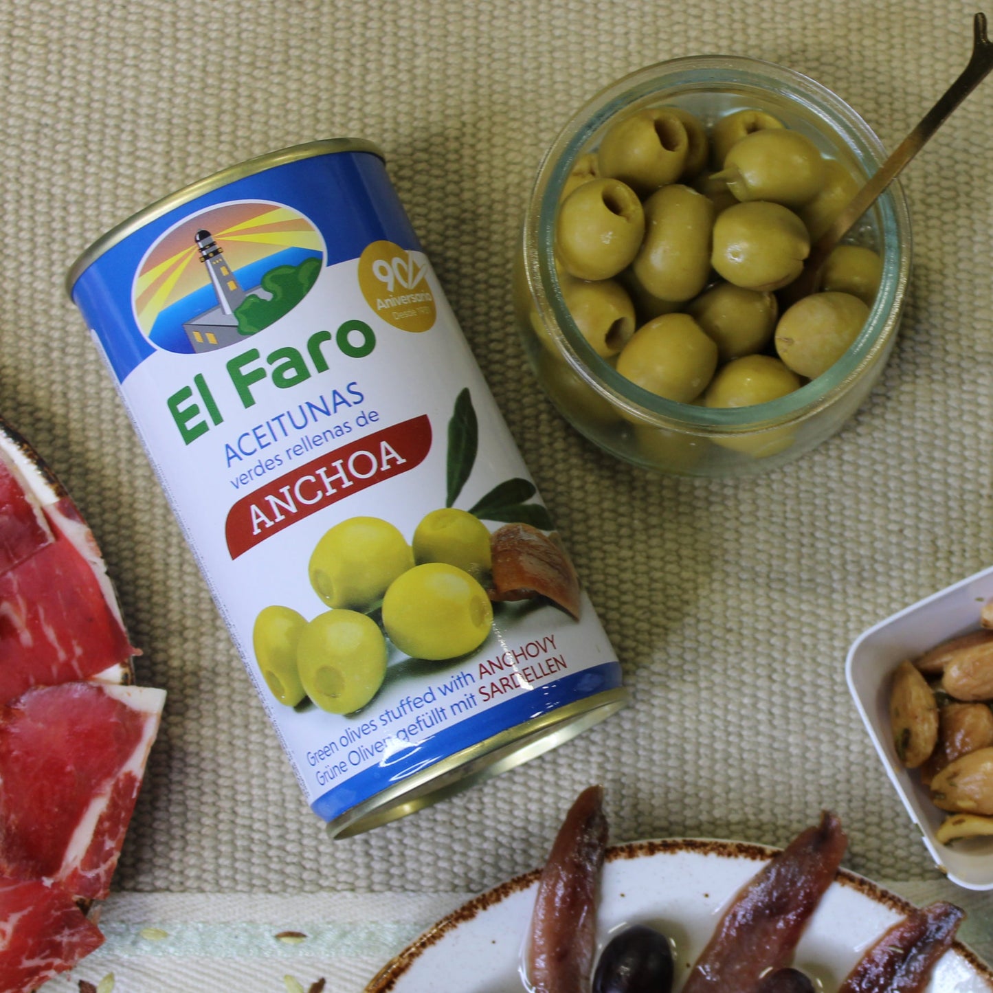 Anchovy Stuffed Manzanilla Green Olives - Aceitunas Rellenas Anchoa. El Faro, 350g - Little Spain Market