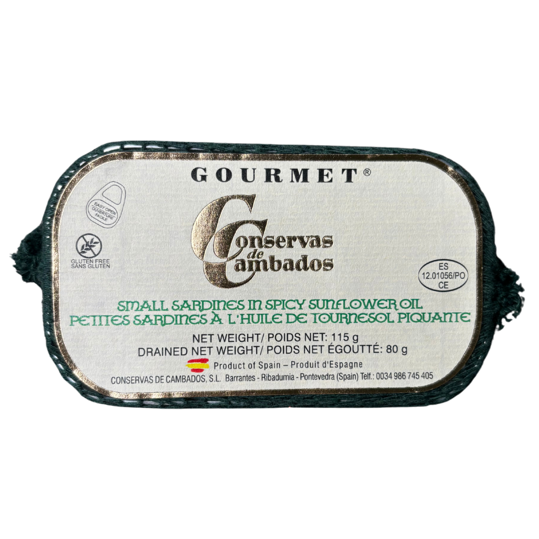 Spanish gourmet small sardines in spicy sunflower oil by Conservas de Cambados, perfect for tapas