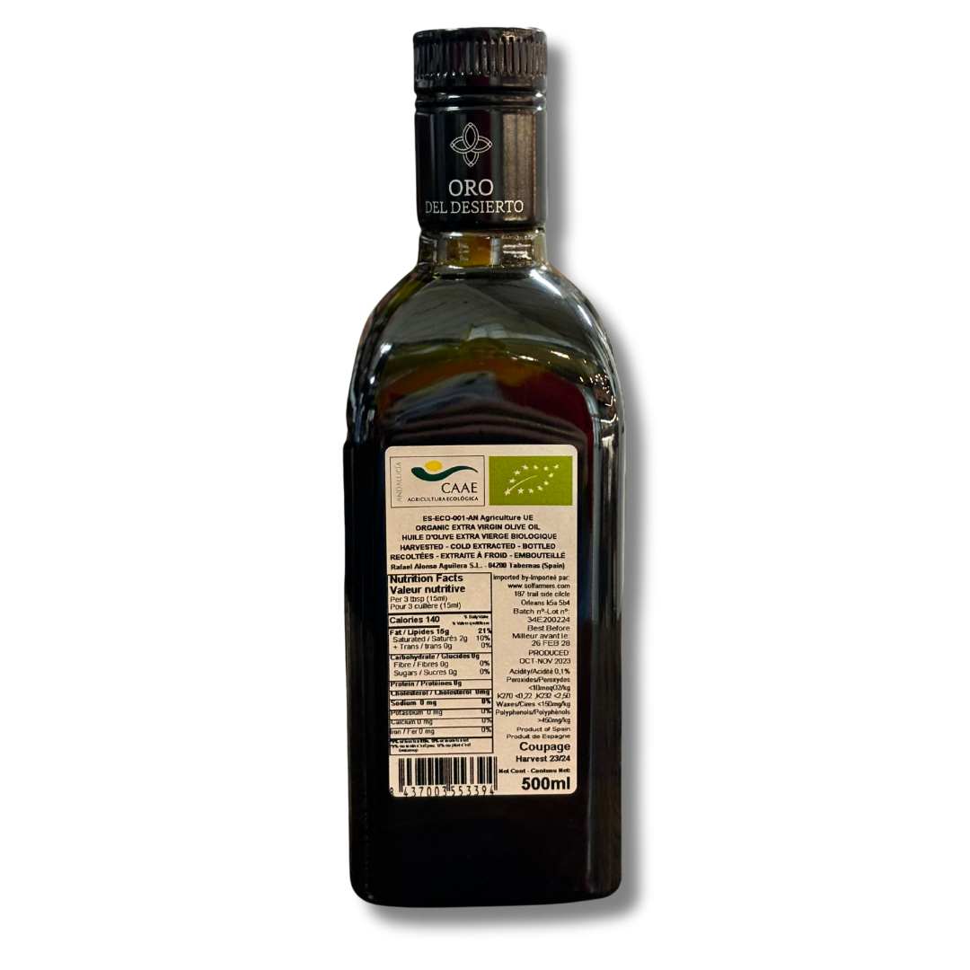 extra virgin olive oil Organic Oro del Desierto coupage (hojiblanca, picual and arbequina), 500mL - Little Spain Market