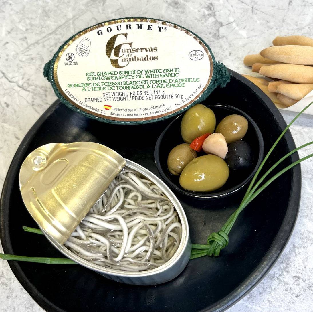 Authentic gourmet baby eel shaped surimi, a delicious Spanish seafood delicacy crafted by Conservas de Cambados.