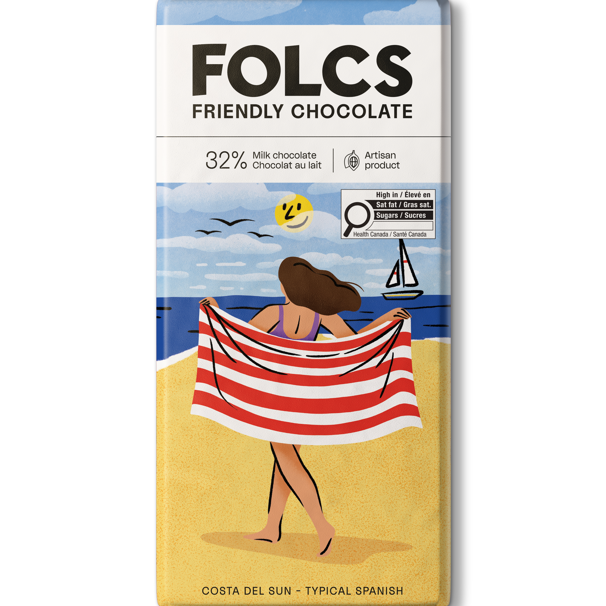32% milk chocolate bar from Spain featuring a vintage Spanish seaside design