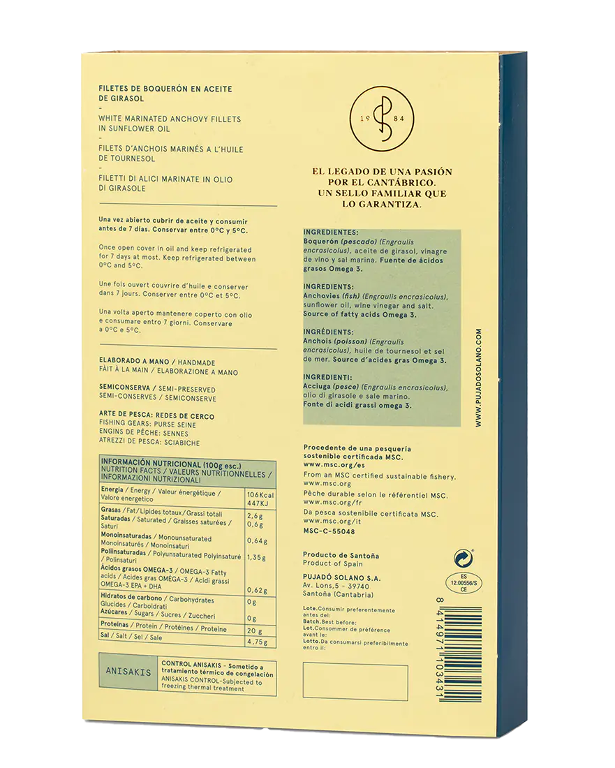 White Anchovies in Sunflower Oil - Boquerones en Aceite. Pujado Solano, 625g - Little Spain Market