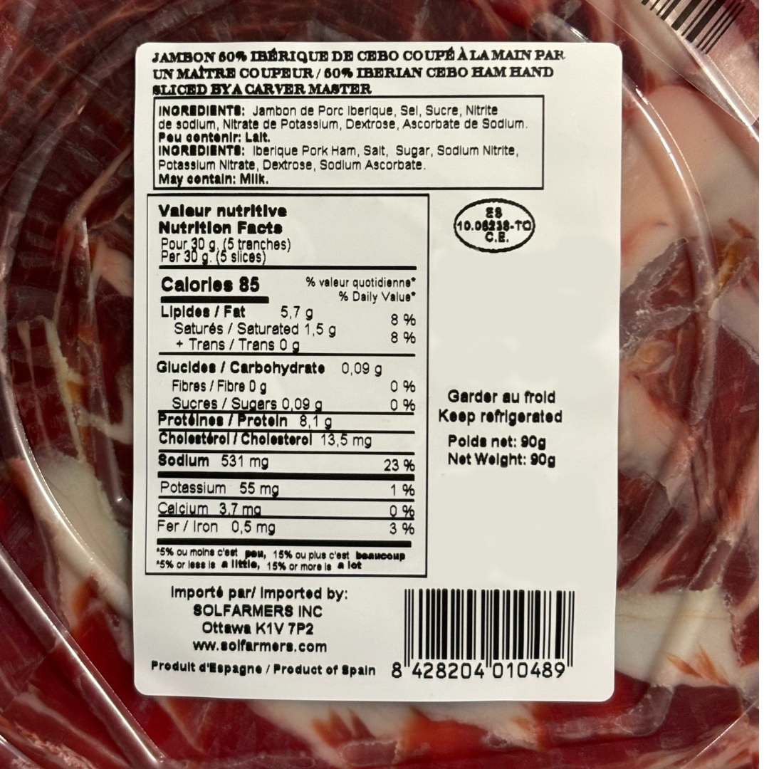 Grain & Grass Fed Ham 50% Iberian - Jamon Cebo 50% Iberico. La Barrica, Hand Cut 90g - Solfarmers