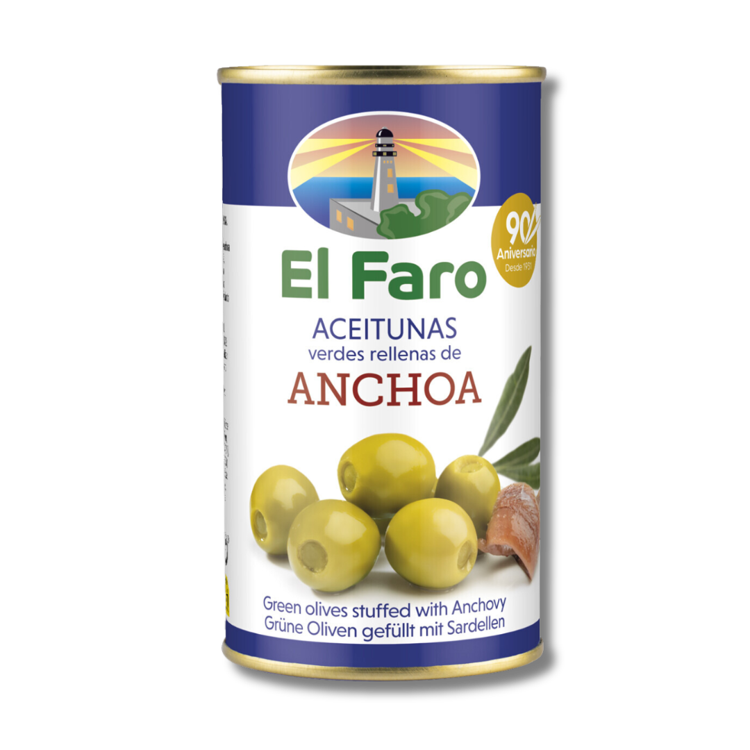 Anchovy Stuffed Manzanilla Green Olives - Aceitunas Rellenas Anchoa. El Faro, 350g - Little Spain Market