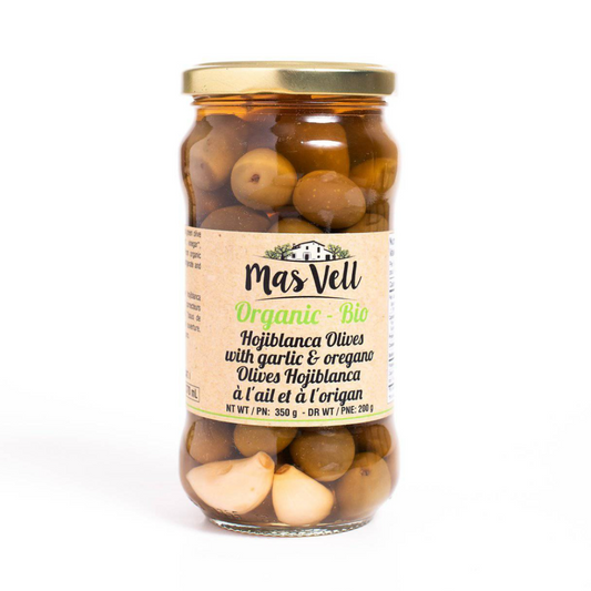 Mas Vell organic hojiblanca olives with garlic & oregano, 370mL - Solfarmers