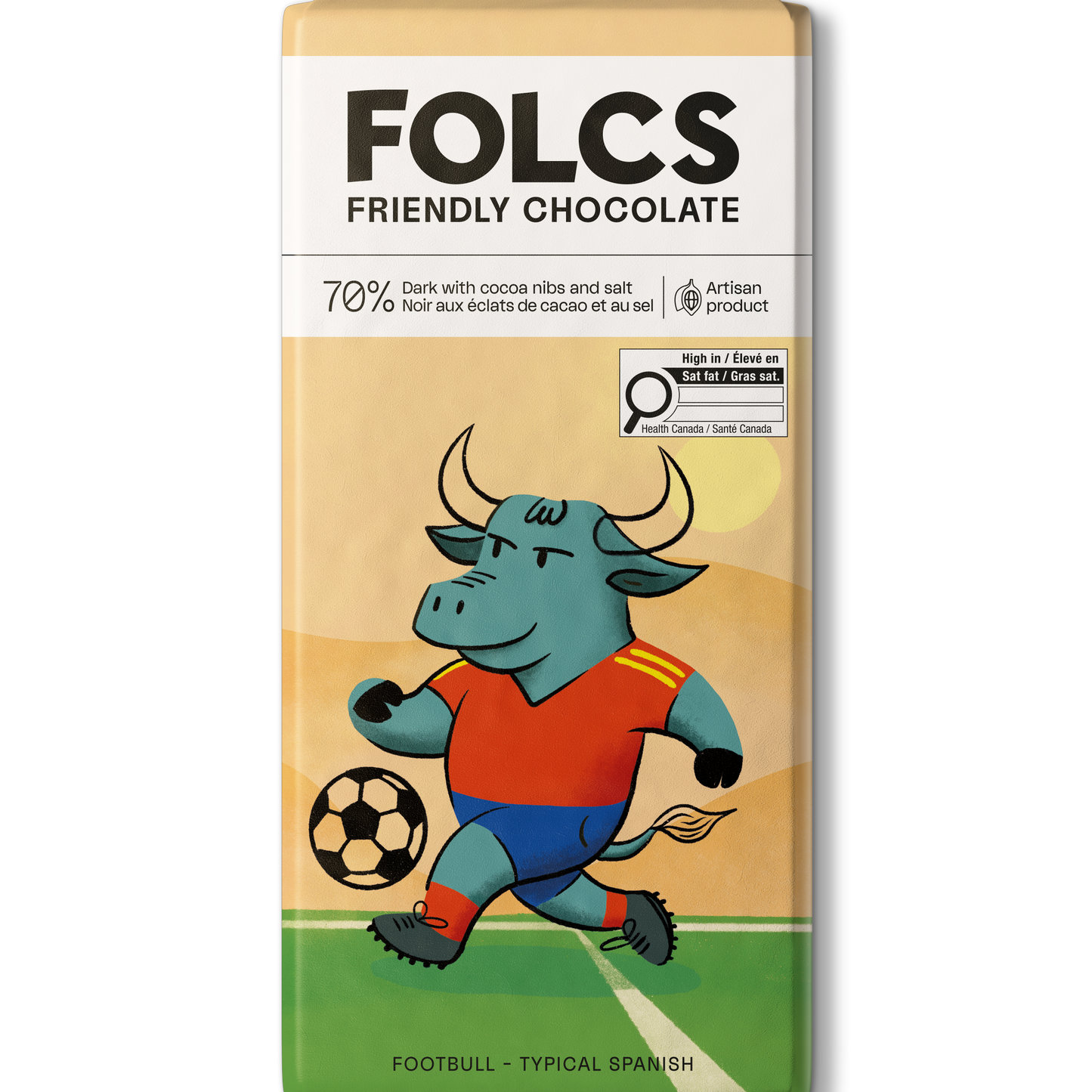 Close-up of Spanish dark chocolate packaging with an iconic bull design inspired by Spanish culture