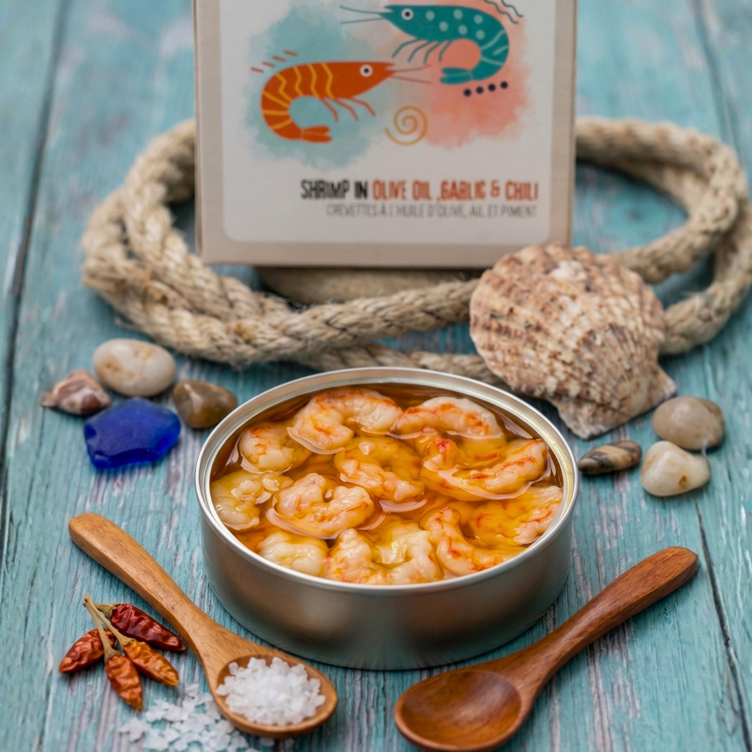 Shrimp in Olive Oil Garlic and Chili - Gambas Aceite de Oliva, Ajo y Chile. Konserva - Solfarmers