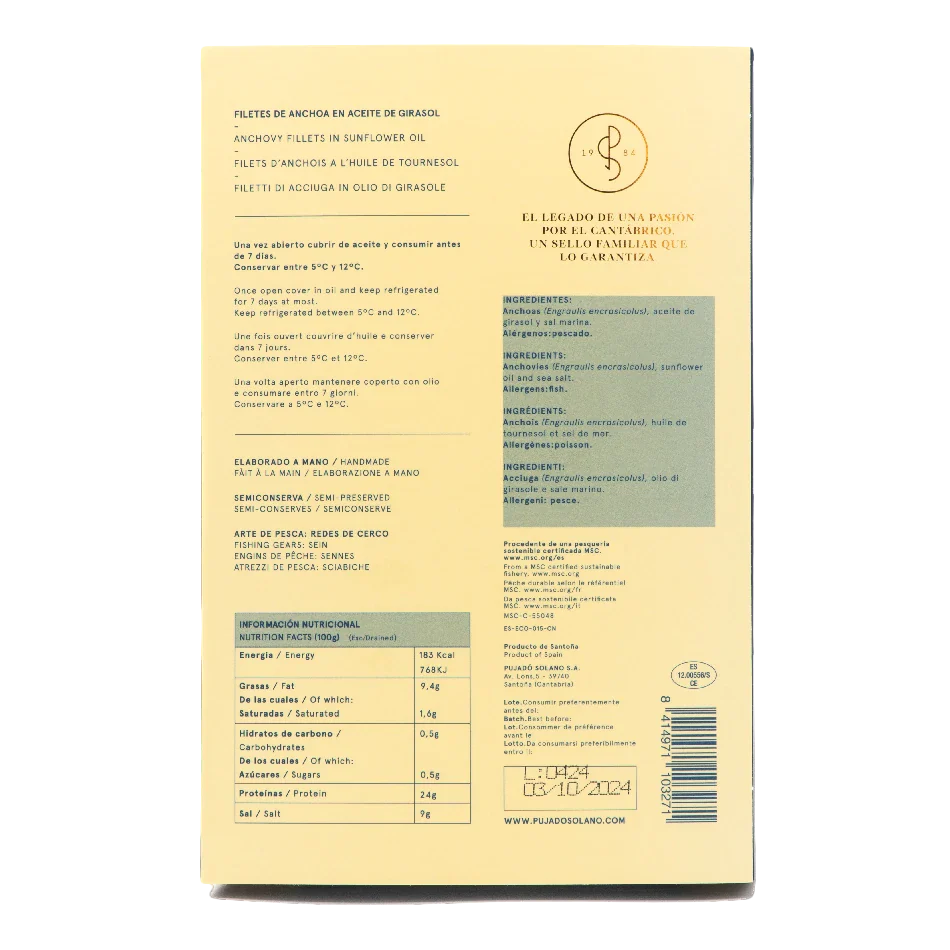 Cantabrian Anchovy in Sunflower Oil - Anchoa Cantabrica en Aceite. Pujado Solano, 375g - Little Spain Market